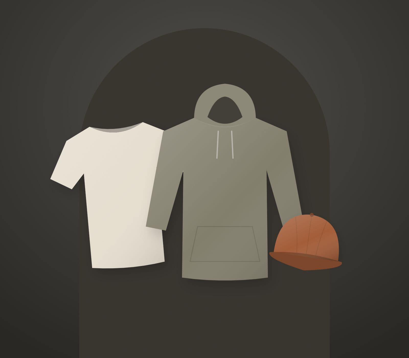 A stone tee, a sage hoodie and a clay cap on a dark backdrop